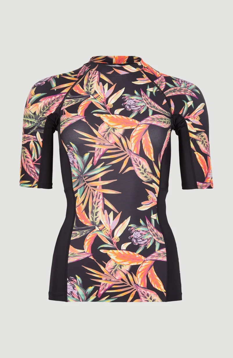 Shirt Anglet Met Korte Mouwen En Beschermingsfactor UPF 50+ | Black Tropical Flower