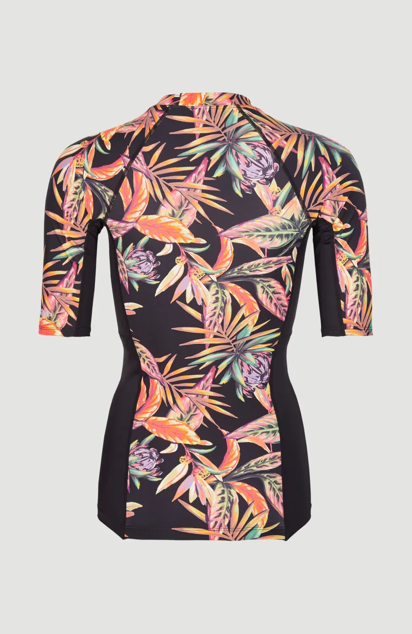 Shirt Anglet Met Korte Mouwen En Beschermingsfactor UPF 50+ | Black Tropical Flower